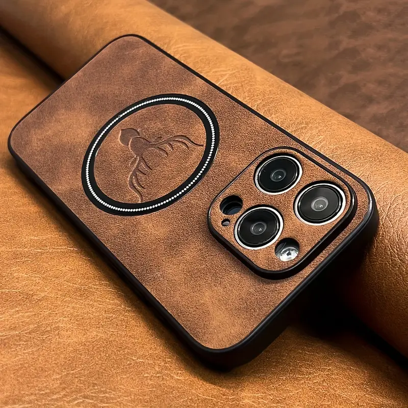luxury sheepskin leather case for iphone 16 15 14 11 pro deer head pattern magnetic wireless charging soft bumper shockproof cover details 5