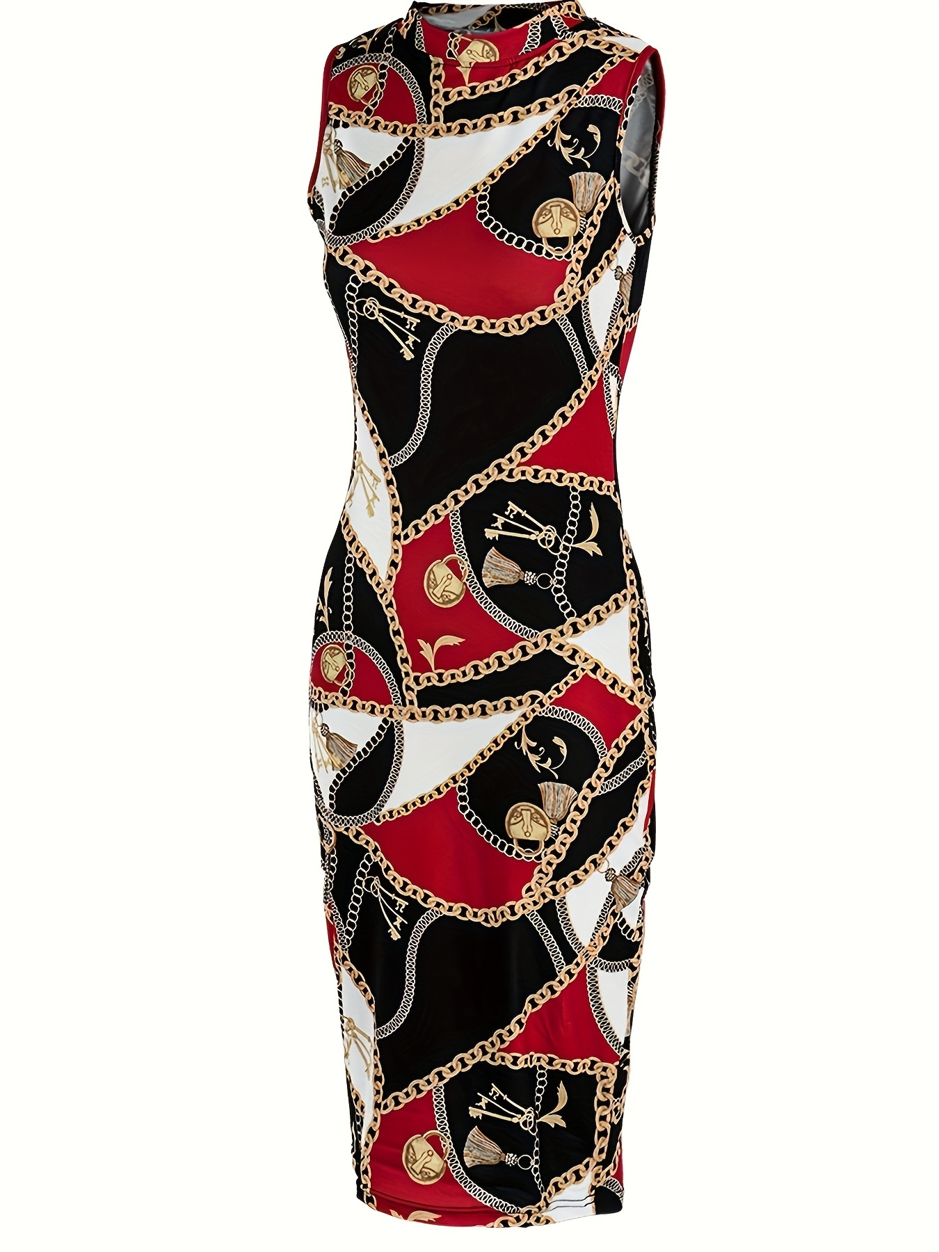 chain print bodycon dress mock neck tank elegant sleeveless Printed Bandage Midi Dress