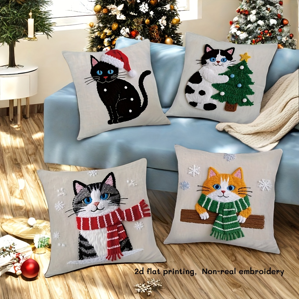 TEMU Set Of 4 Decorative Pillow Covers Featuring A Festive Cat Design, Measuring 44.96cm X 44.96cm, Made Of Polyester With A Zipper For . Perfect For Decoration, Inserts Are Not Included