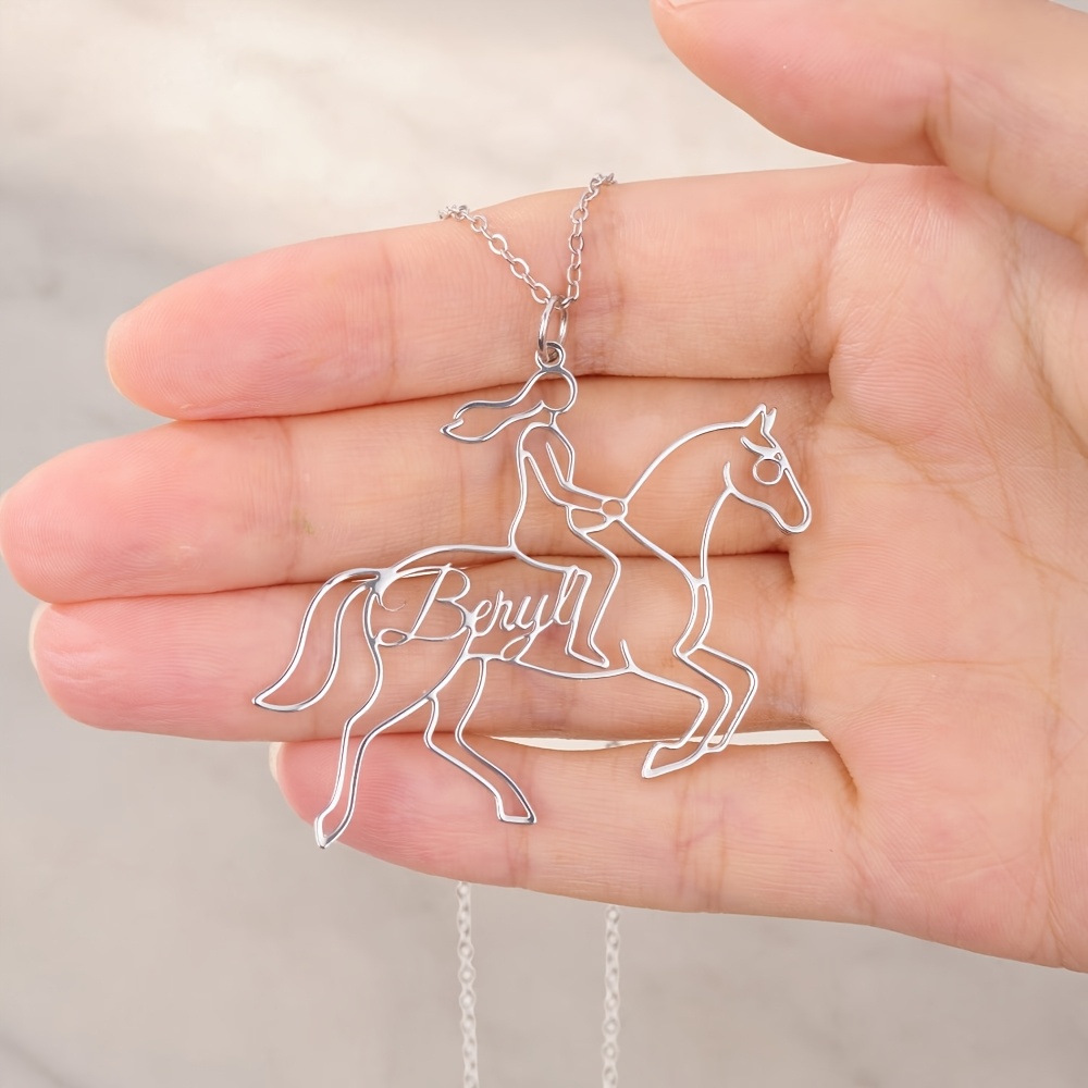TEMU Custom Name Horse Rider Pendant Necklace, Personalized Equestrian Theme Name Necklace, Stainless Steel Women's Cowboy Nameplate Necklace, Custom