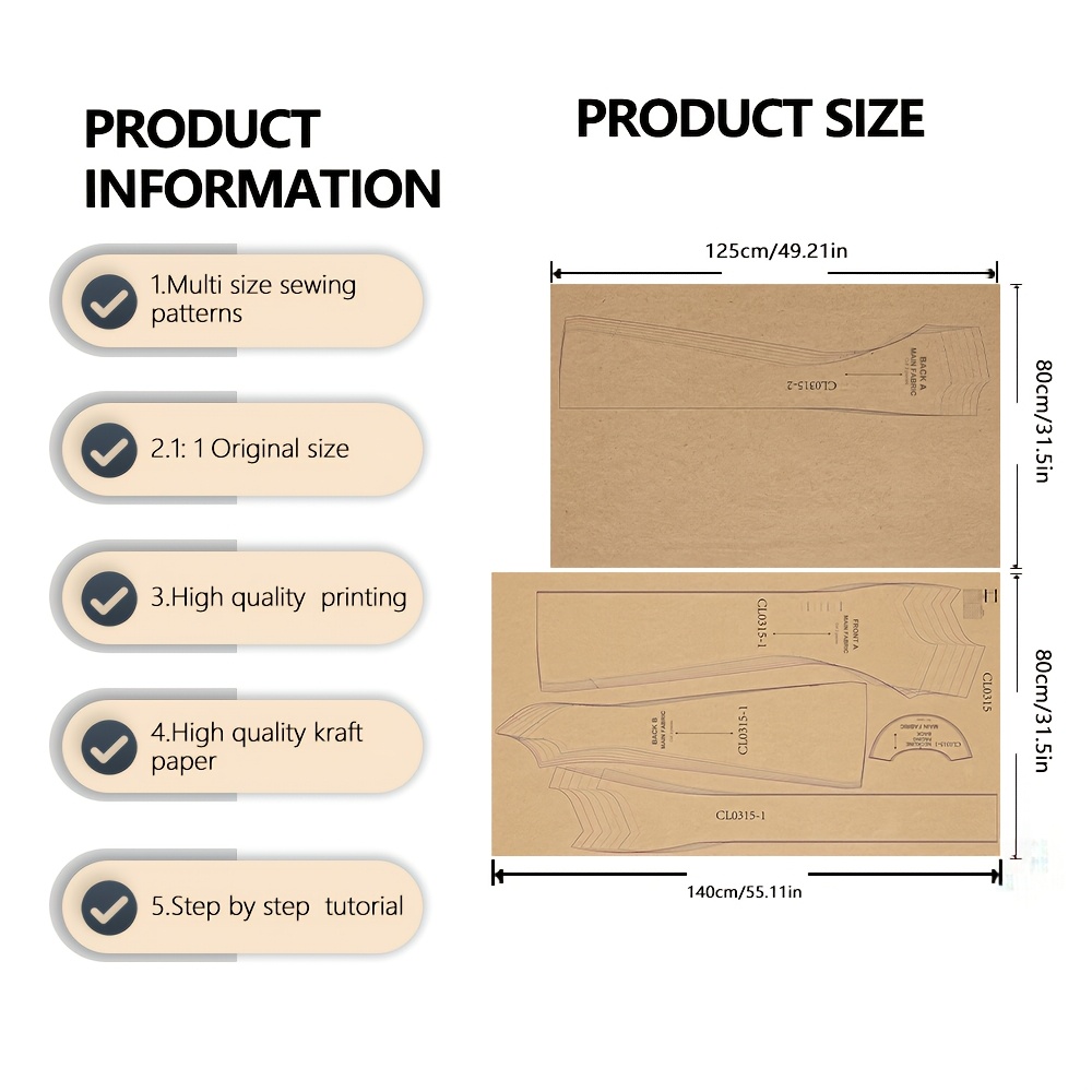 TEMU Double-breasted Flared Wool-blend Coat With Wide Sewing Pattern Template, Durable Paper With Instructions, Options For Fall & Winter Wear,