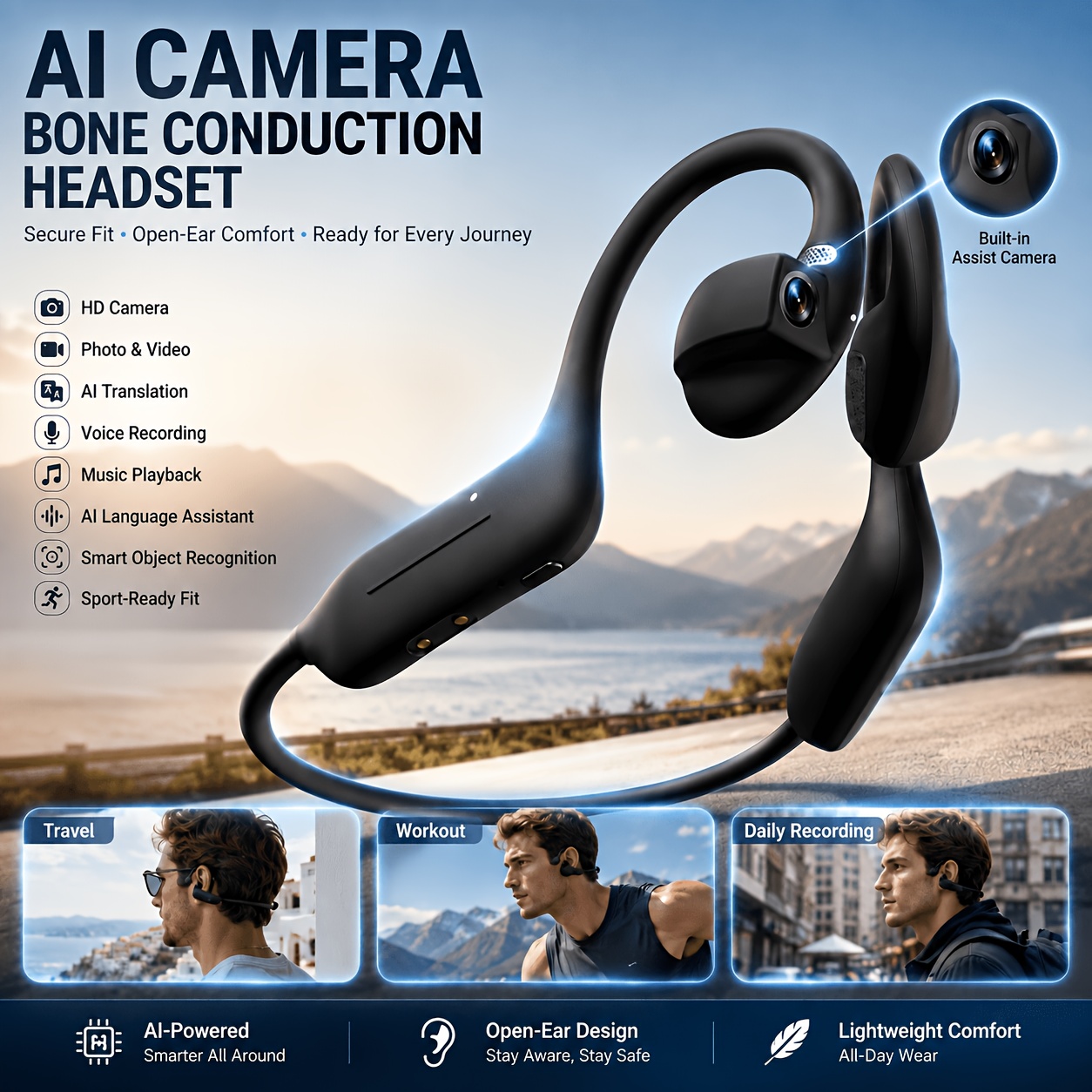 e12 intelligent translation camera earphones ipx5   support hands free photography video recording music   photo translation suitable for office meetings and   travel with built in satellite map navigation
