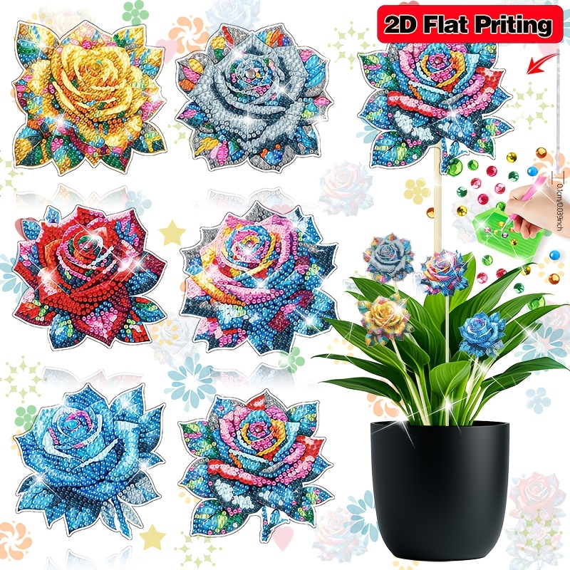 TEMU Lot de 6 bâtons d'arrangement floral faits à à motif de roses, vases à fleurs artistiques en diamant avec impression 2D plate et colorée, bâtons