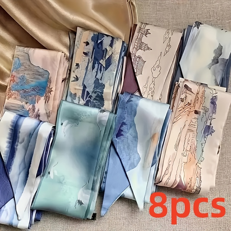 

Vintage Style 8pcs Set Polyester Hair Ties With Chinese Landscape Paintings, Hand Wash Only, Elegant Bowknot Hairbands For Hair Styling And Bag Decoration