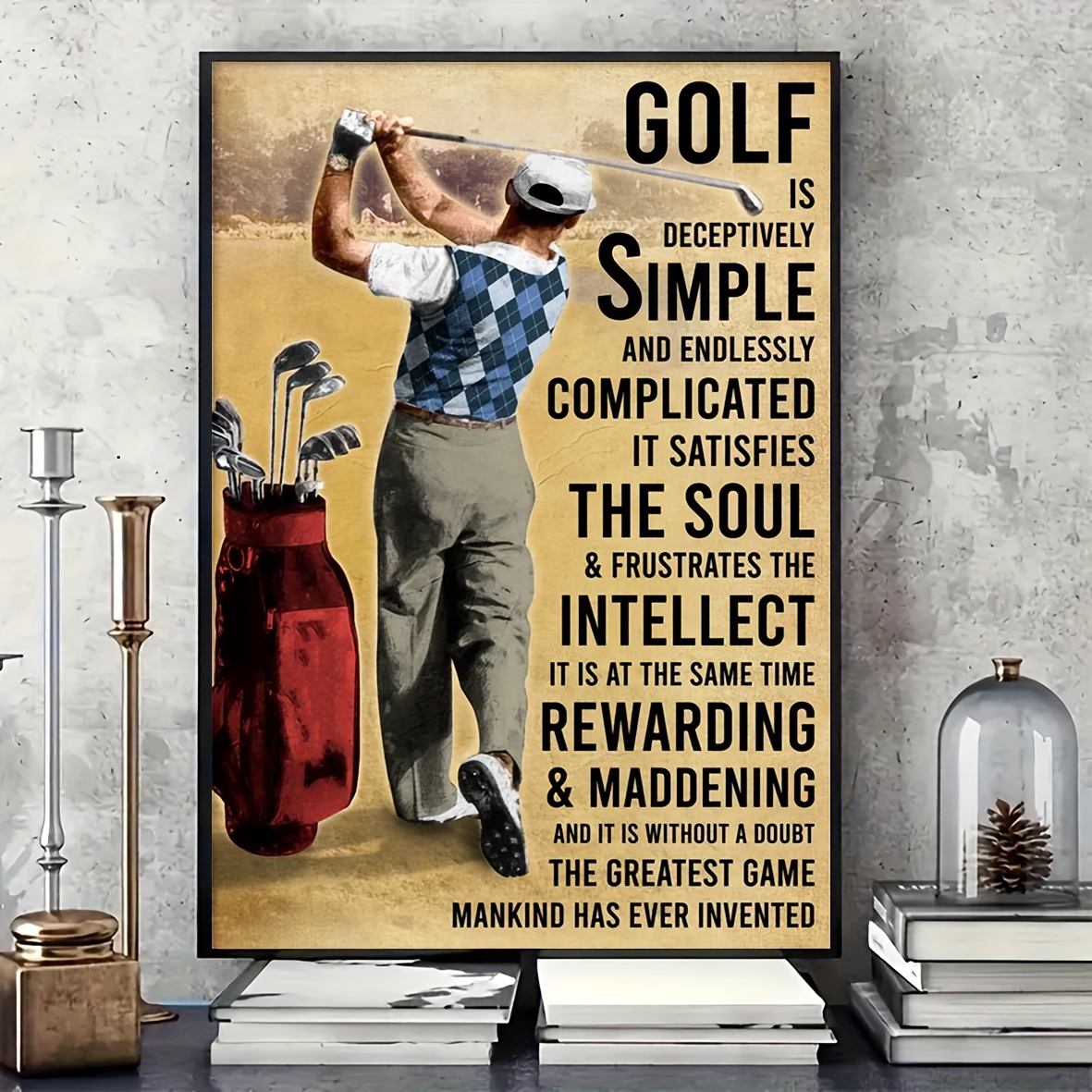 TEMU 1pc Vintage-inspired Golf Quote Canvas Wall Art, Frameless Motivational Sports Decor With Anime Golfer Scene, Ideal For , Rewarding & Maddening