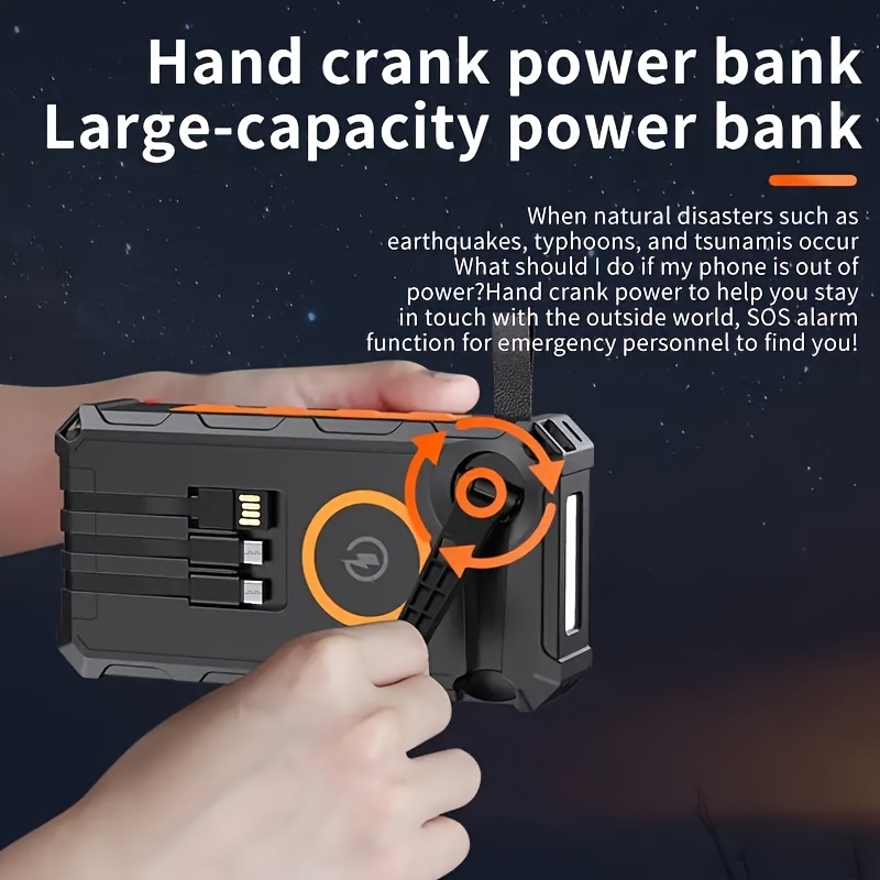 power bank wireless charger 30000mah   with a wire hand crank   cables 15w fast charging power   outputs 4   solar portable charger sos strobe strong flashlights orange Product details 6