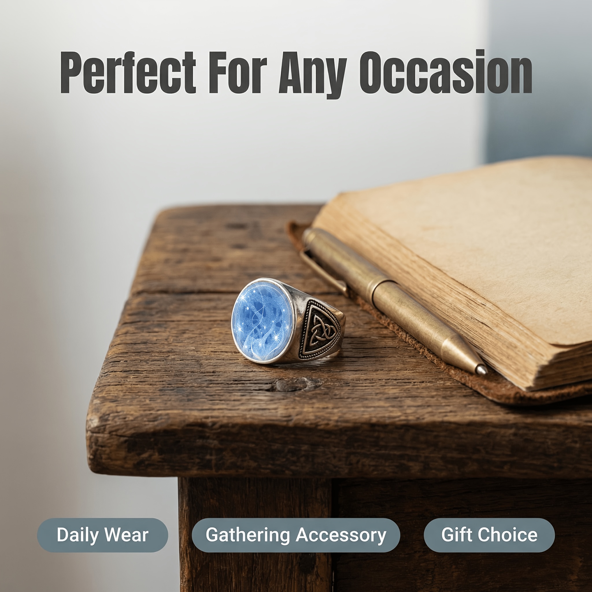 Metal Textured Ring with Blue Circular Pattern