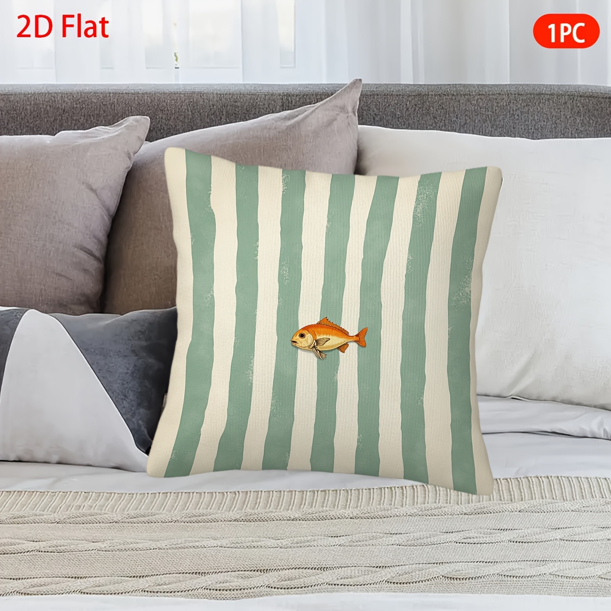 TEMU Fundas de cojín 2D, 1 pieza, con diseño de pez naranja sobre a rayas, de felpa corta con , ideal para, impresión , fundas de cojín para