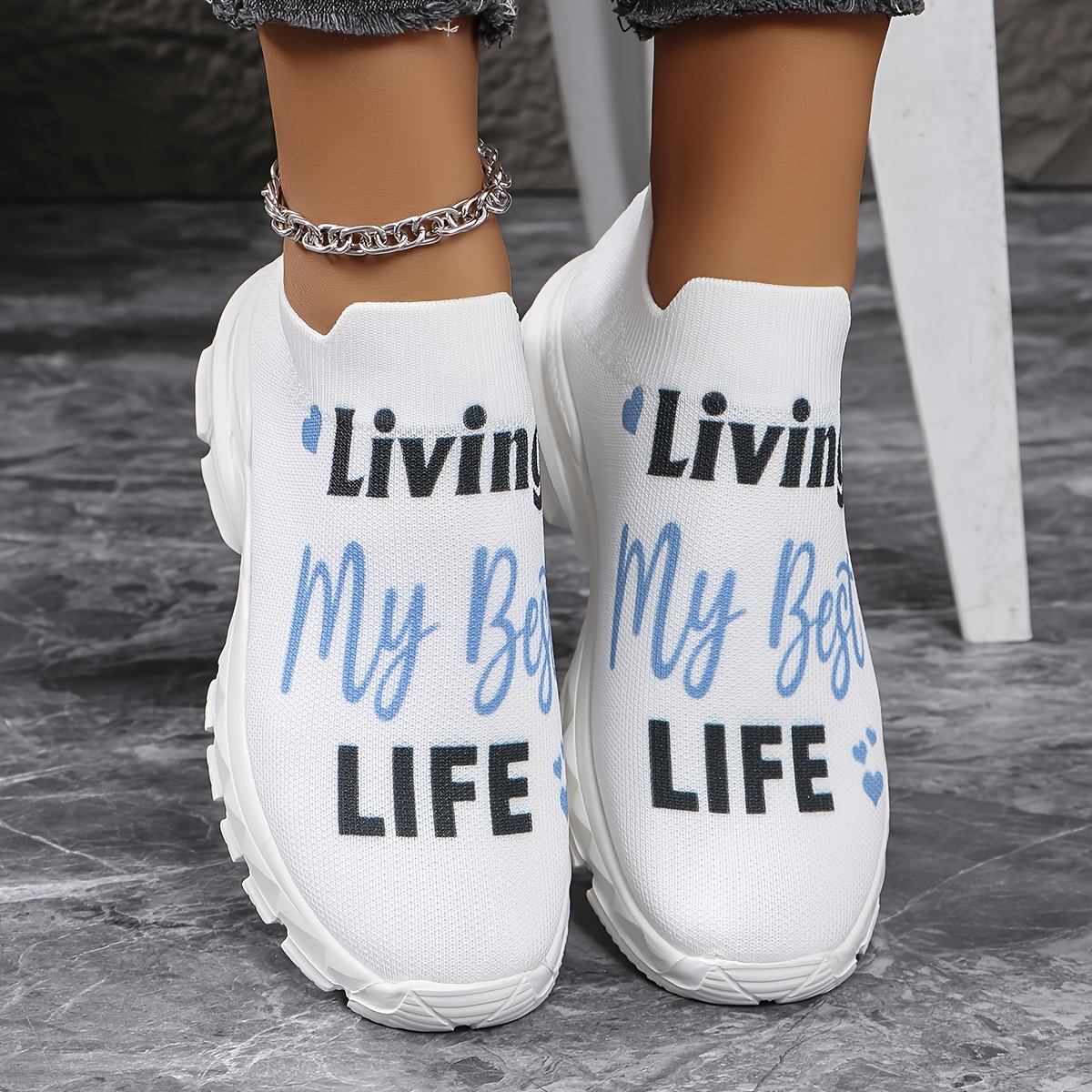 

Women's Letter Slip On Sneakers, Platform Slip On Soft Sole Walking Shoes, Low-top Breathable Knitted Shoes