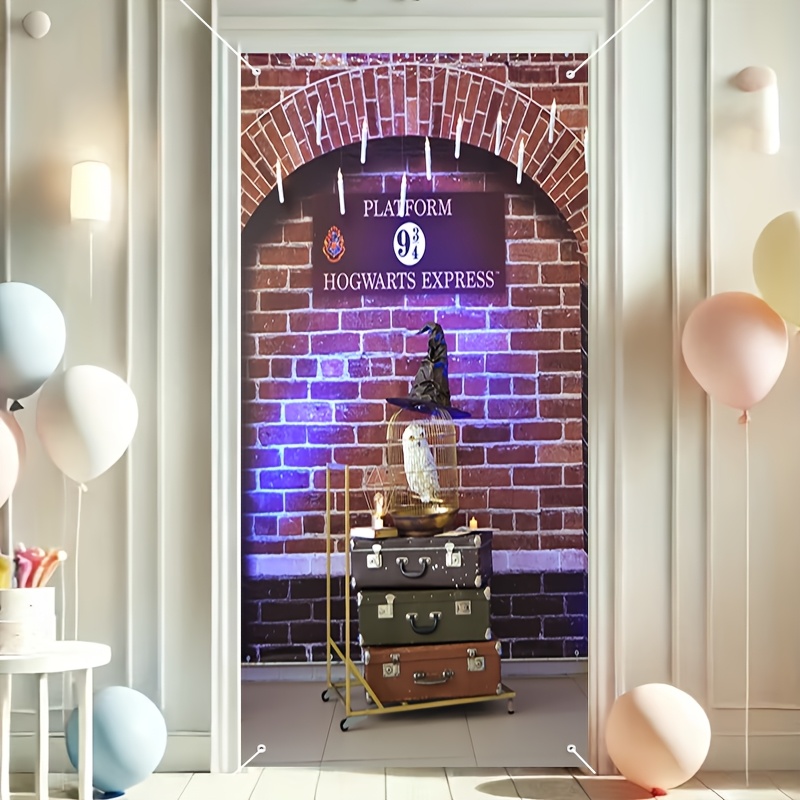 TEMU 2d Door Banner Wb Authorized 1pc Brick Wall Platform Luggage Cage Harry Potter Door Curtain Living Room Curtain, Indoor/outdoor Use, Easy To