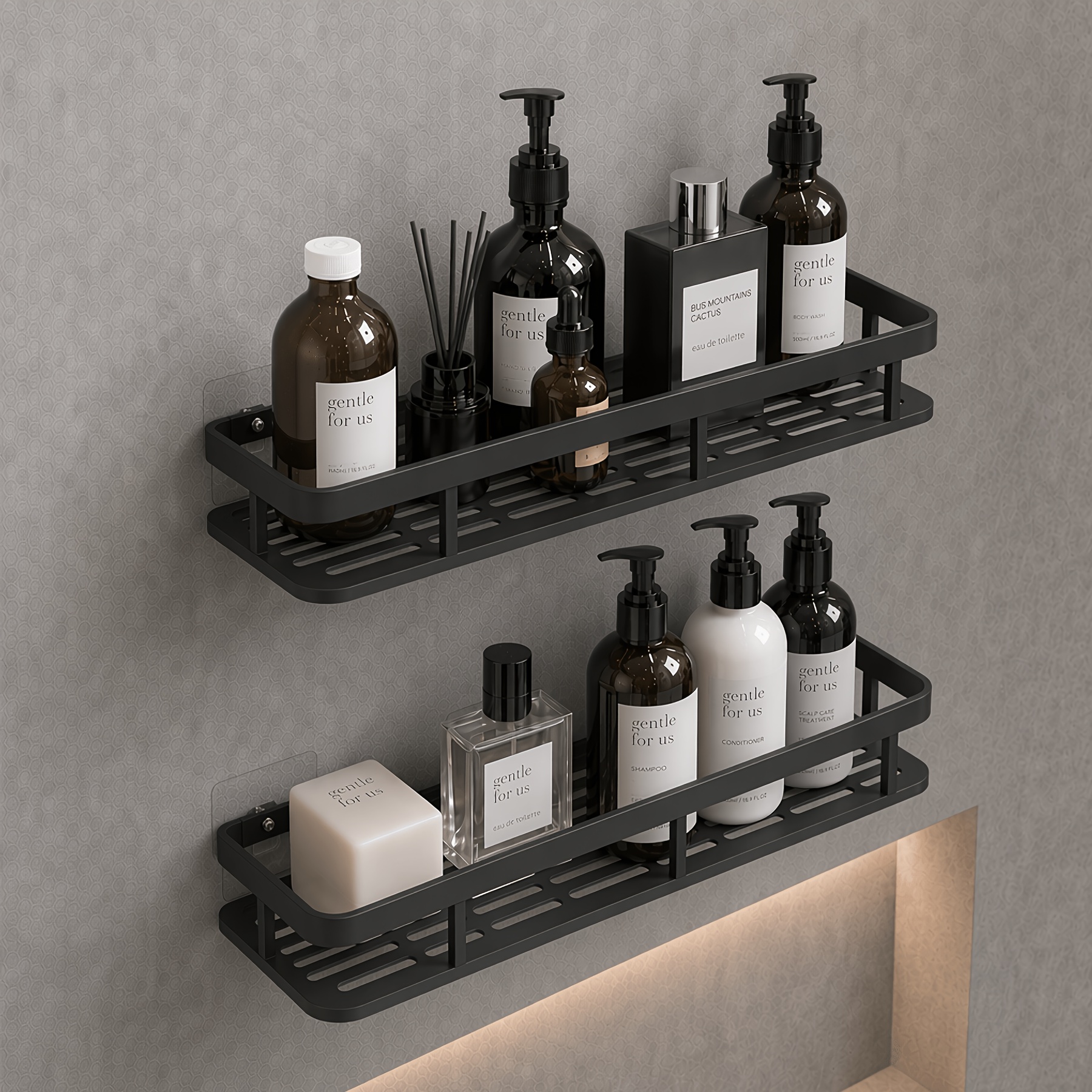 TEMU 2pcs Aberzey Heavy Duty Plastic Wall Mounted Shelf With Hooks - No Drill Adhesive/screw Mount Corner Shelf Suitable For Bathroom, Kitchen,
