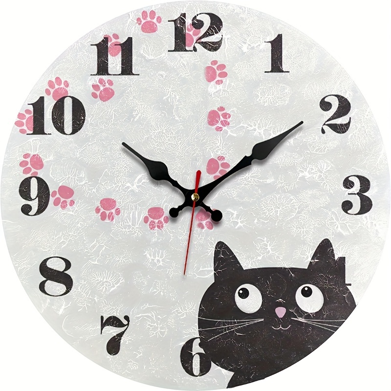 TEMU 1pc Creative Black Cat Round Wall Clock, Silent Quartz Wooden Clock With Cat Paw Design, Battery Powered Aa (not Included), Ideal For Bedroom,