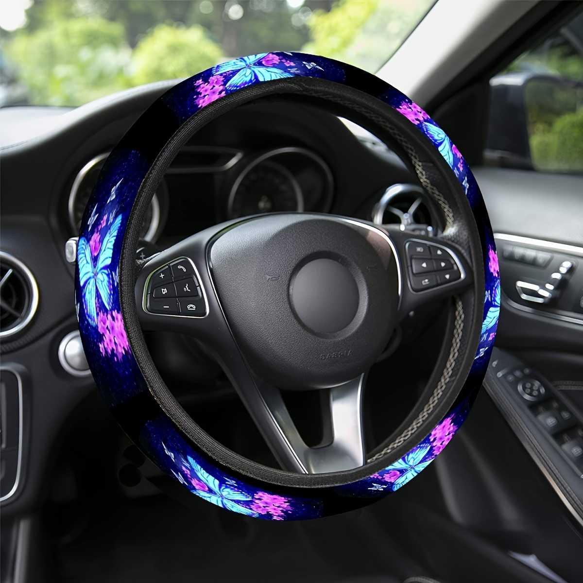 

Blue Butterfly Print Steering Wheel Cover, Polyester Fiber, Universal Fit Without Inner Circle