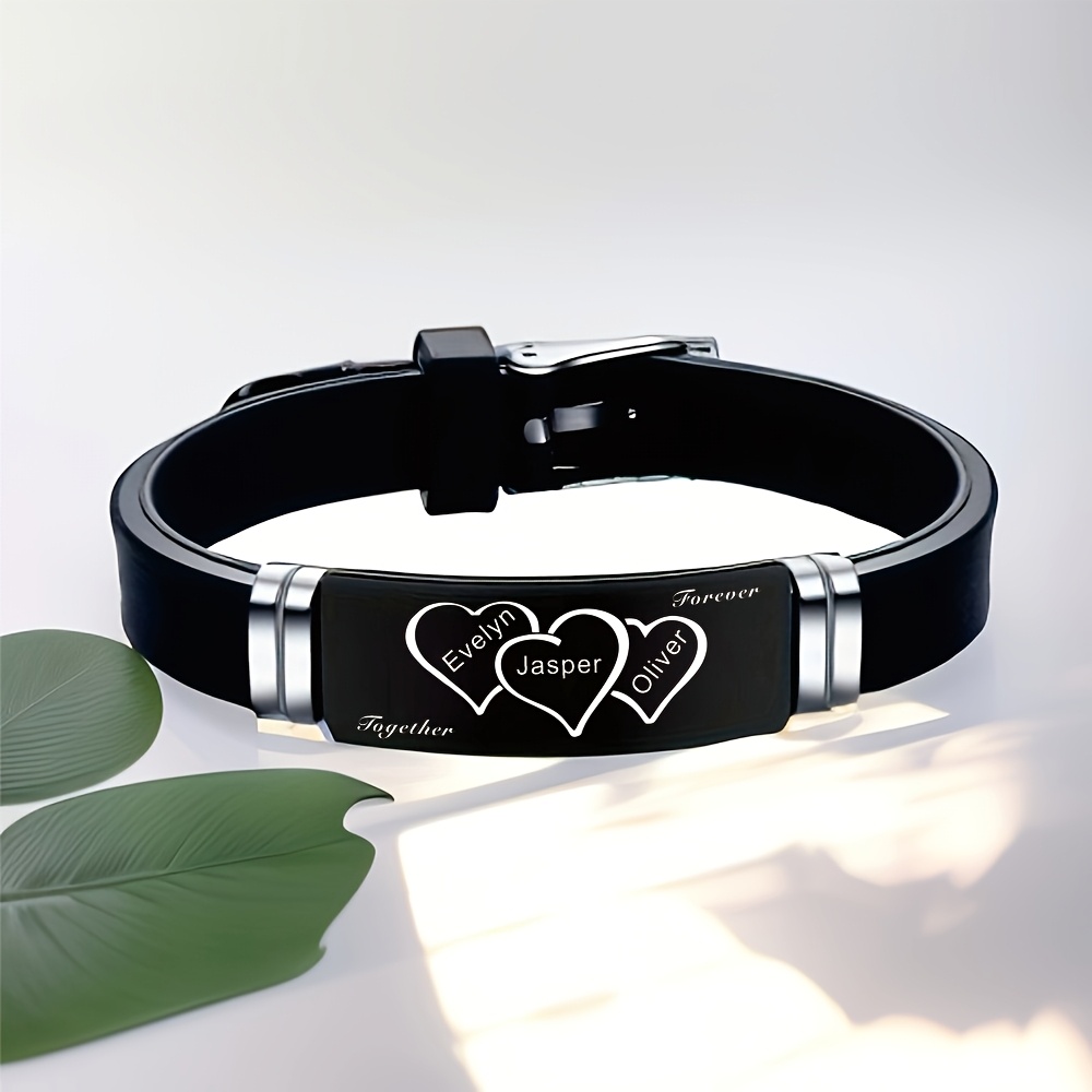 E-shop Familienliebe Armreif-Armband – Gravierter Herz-Anhänger mit Namen/Initialen, Edelstahl in Kanonenteintönung, geeignet für Paare, , , Geschenk