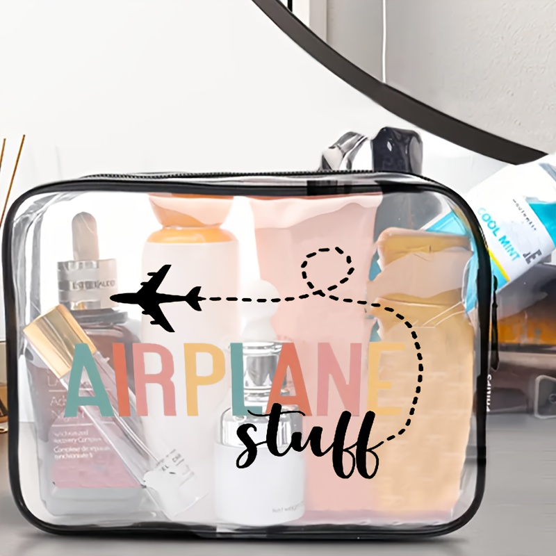 Sticker-transfer Transparent Toiletry Bag, Zippered Cosmetic Pouch, Airline Travel Accessory Organizer, Black