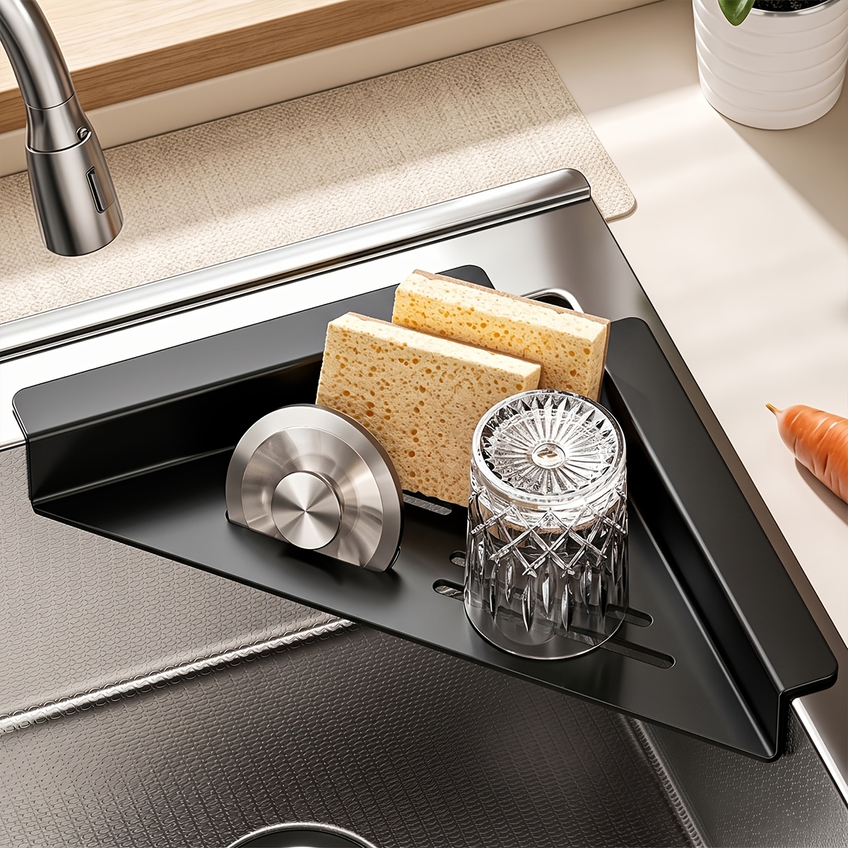 TEMU Sink Edge Sponge Holder, Over Kitchen Sink Caddy, Hollow Drain Metal Sink Tray, Counter Sink Side Storage Rack For Dish Sponges, Scrubbers,