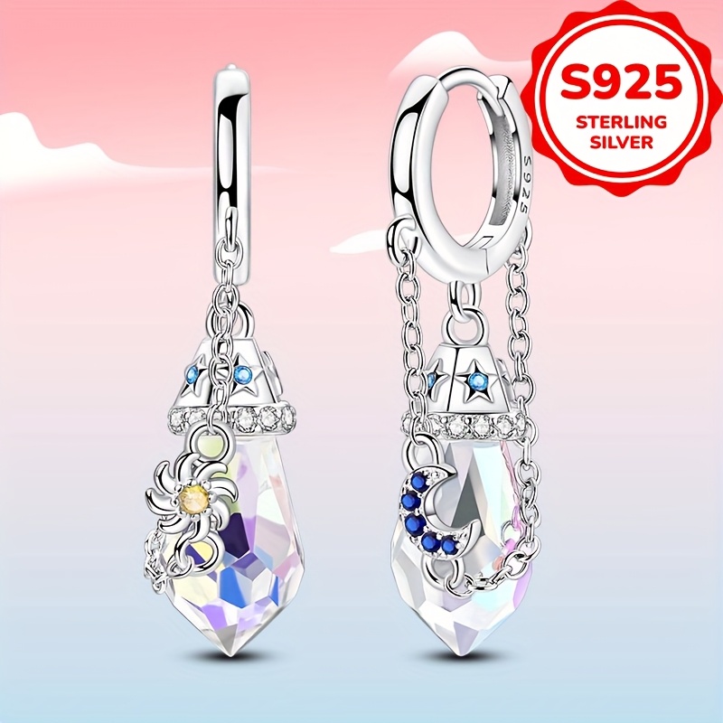 Image of 925 Silver Sparkling Purple Flower Chain Earrings Ladies Elegant Vacation Party Wedding Birthday Gift Additions