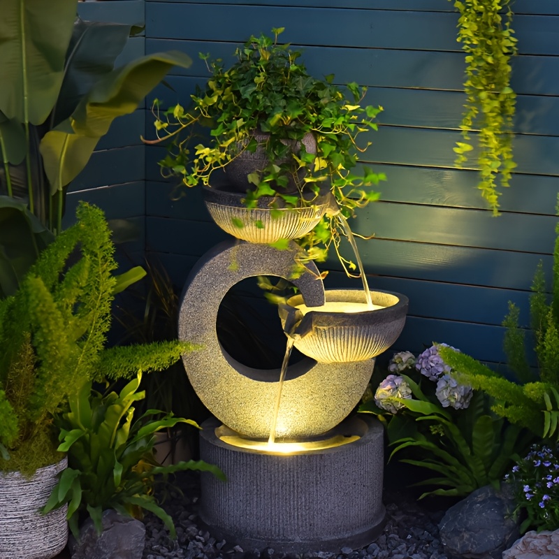 [Lighted Gray Water Fountain] Gray Outdoor Fountain with Lights | Indoor Floor-standing Waterfall for Courtyard, Garden, Terrace & Living Room