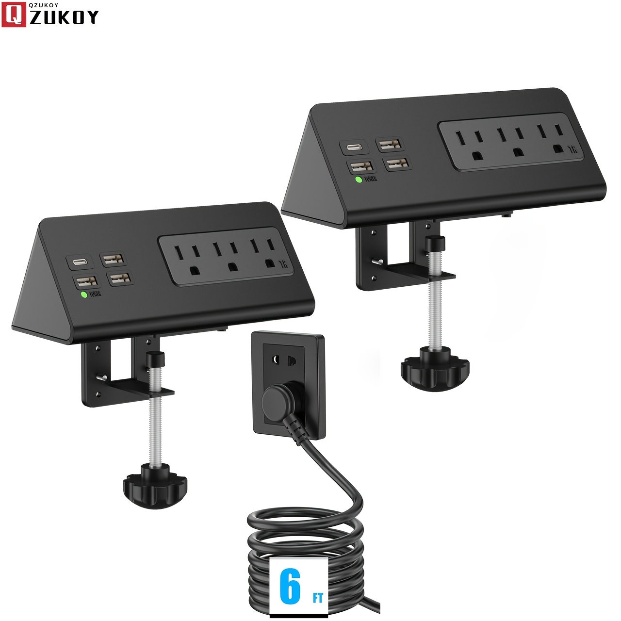 TEMU Qzukoy Upgraded, Desk Edge Clamp Mount Power Strips With Usb Ports, Pd20 W Fast Charging Usb-c Port And 3 Ac Outlets, Nightstand Charging