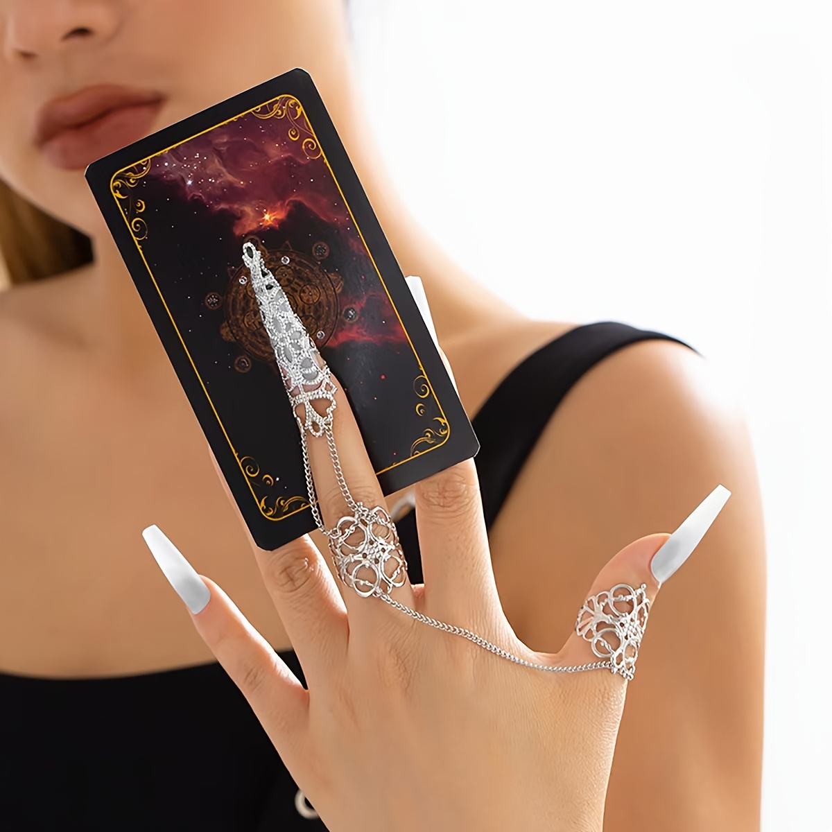 Boho Gothic Hollow Cone Nail Covers Golden Chain Floral Ring