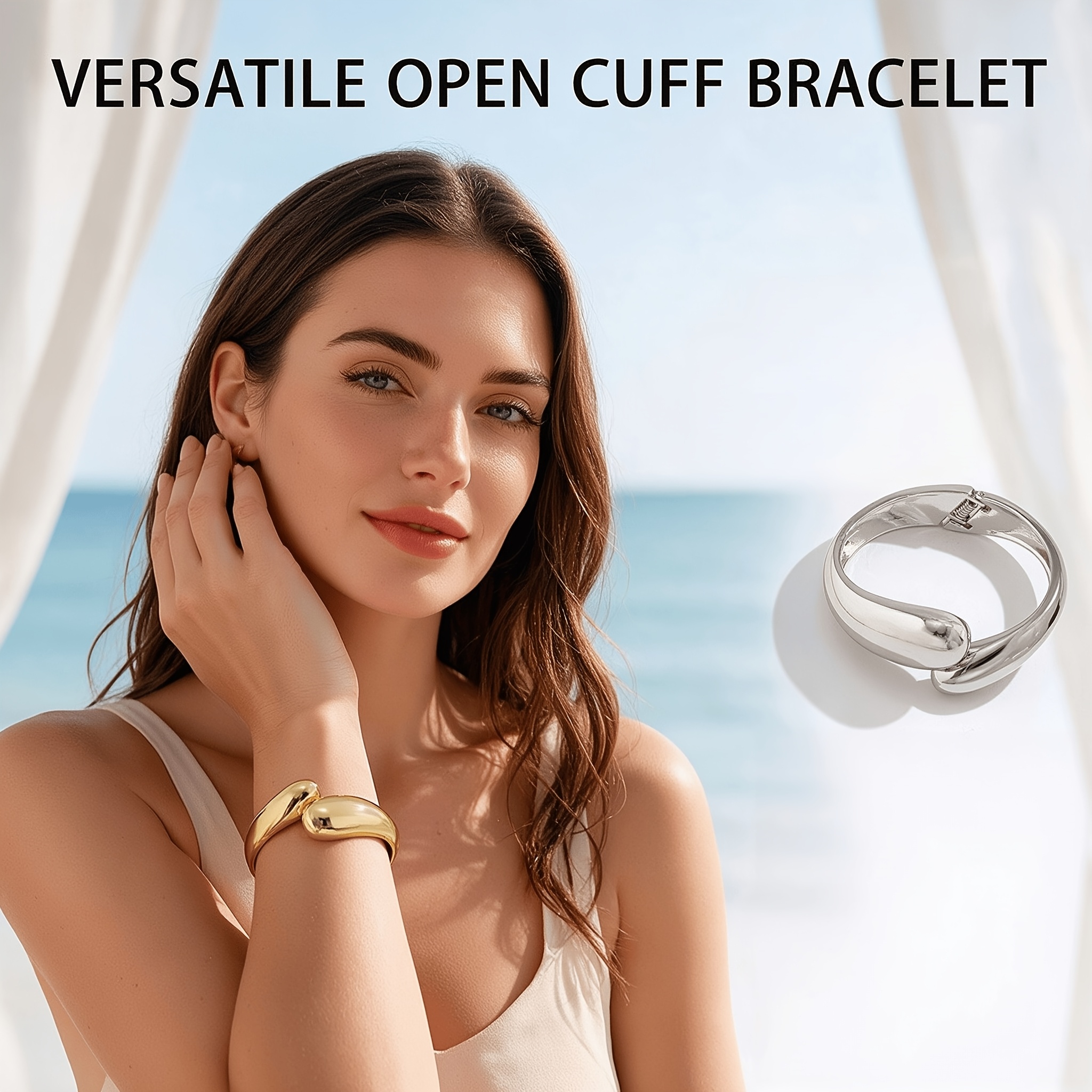 Smooth Glossy Open Cuff Bracelet for Women, Golden Tone