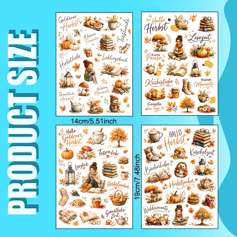 TEMU 4pcs Autumn Uv Transfer, Warm Autumn Pumpkin, Hot Drink, Fall Leaves, And Relaxed Reading Scenes With German Autumn Phrases, Watercolor Warm