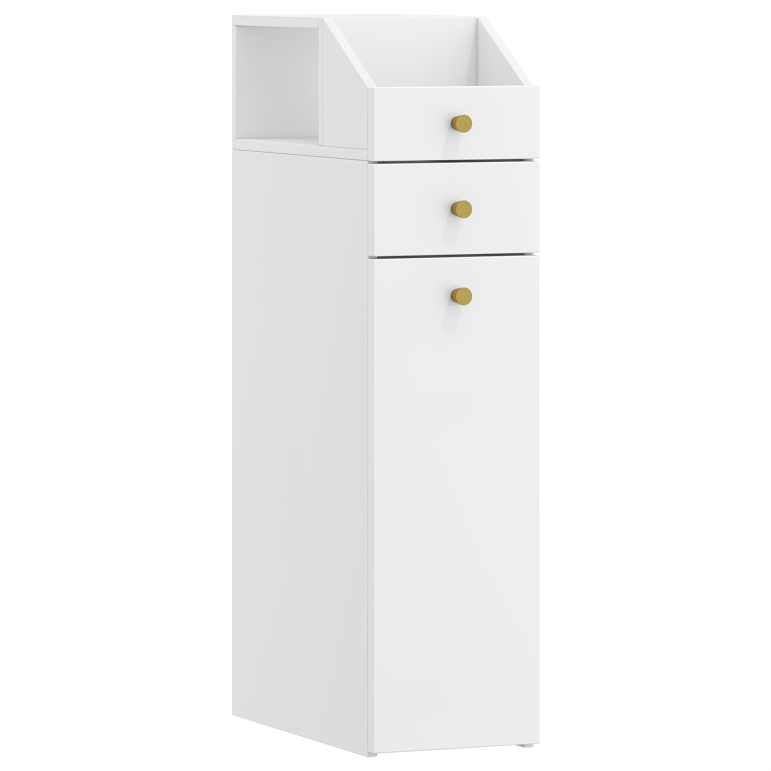 E-shop Moderner schmaler platzsparender Badezimmerschrank mit Rollschublade & -Kippfunktion - Schmaler stehender Medizinschrank, Toilettenpapierhalter,