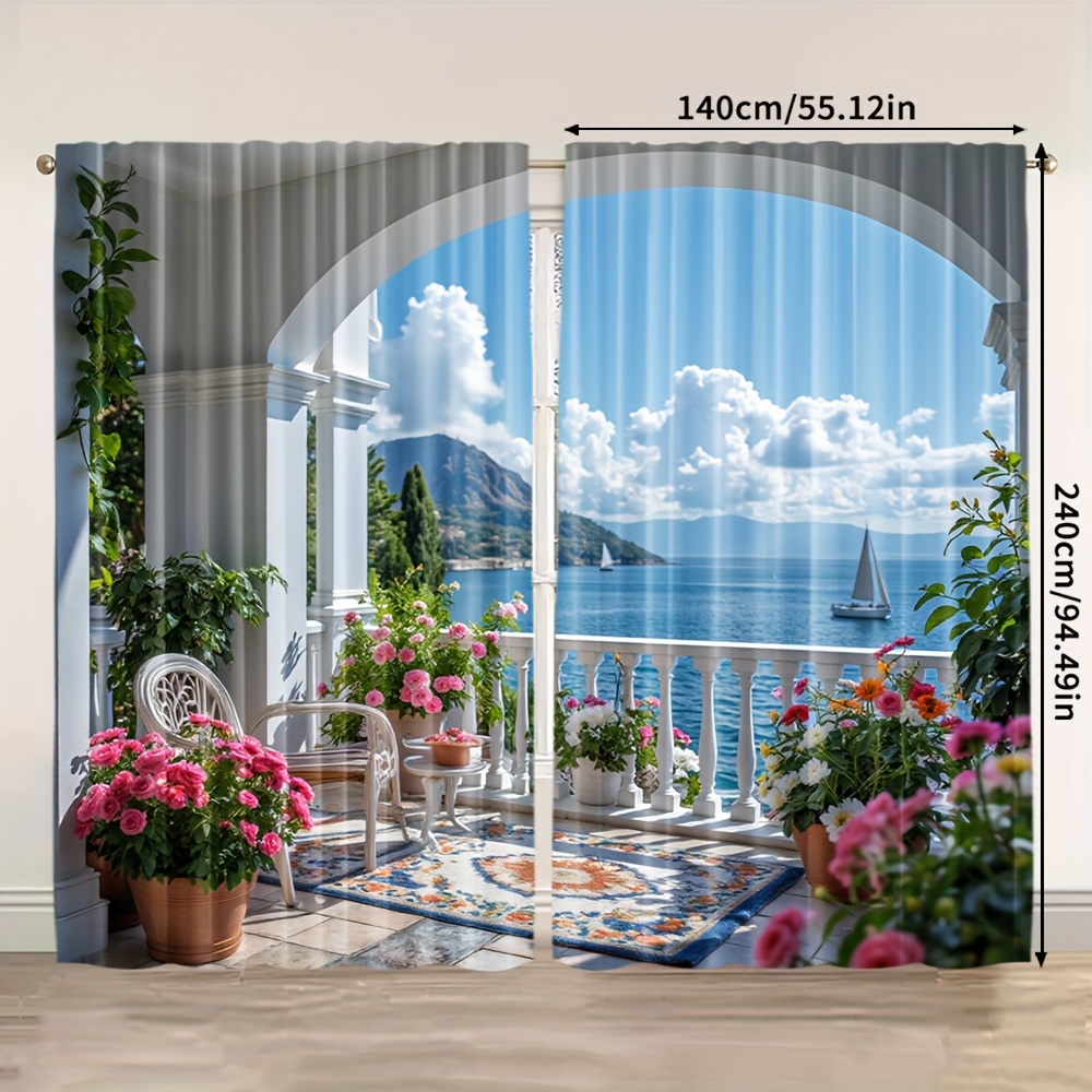 TEMU 2d Flat, 2pcs Coastal Window Curtains - Blackout Window Drapes With Design, Durable Polyester Window Treatments For Living Room, Kitchen,