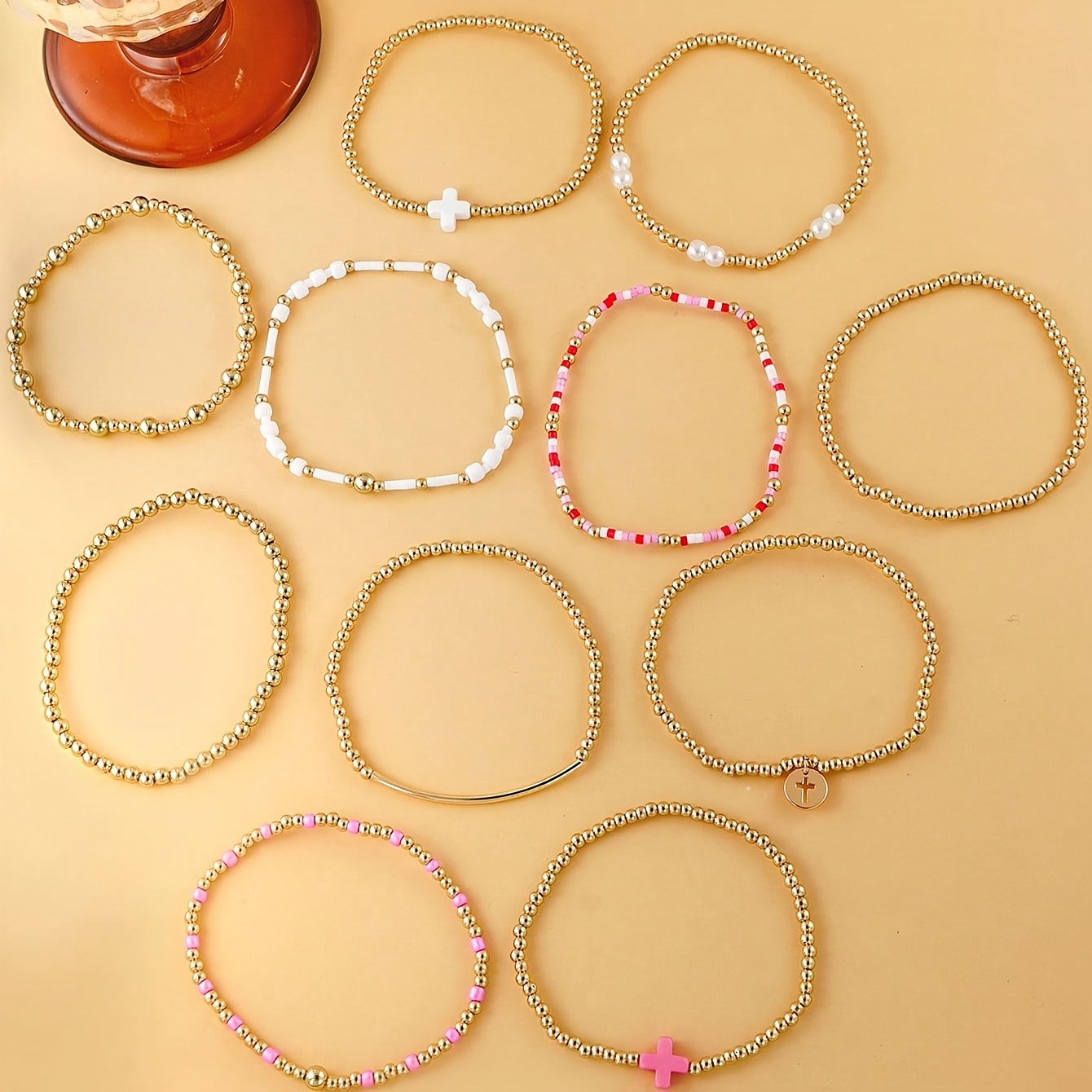 11pcs CCB Beaded Cross Pendant Stretch Bracelet Set for Women