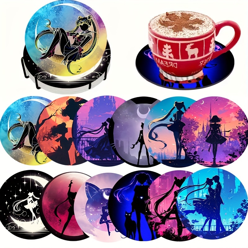 

12-piece Magic Girl Wooden Coaster Set - Heat Resistant, Non-slip & Washable Drink Mats For Coffee, Tea & Beverages - Perfect For Kitchen, Car, Home & Restaurant Decor - Ideal Holiday Gift