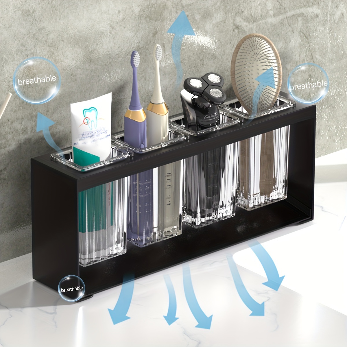 

Bathroom Organizer With Built-in Drainage - Transparent Water Filter Cup, Toothbrush & Toothpaste Holder, Electric Toothbrush Stand, Wrought Iron Countertop Storage Rack For Bathroom