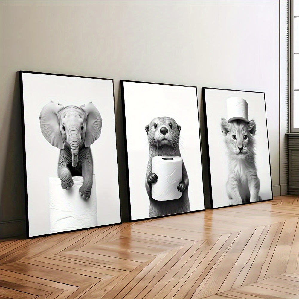 

Set Of 3 Unframed Canvas Prints, Black And White Animal Art, Funny Bathroom Wall Decor With Otter, Elephant & Lion, Modern Home Wall Art For Living Room, Bedroom, Kitchen & Hallway