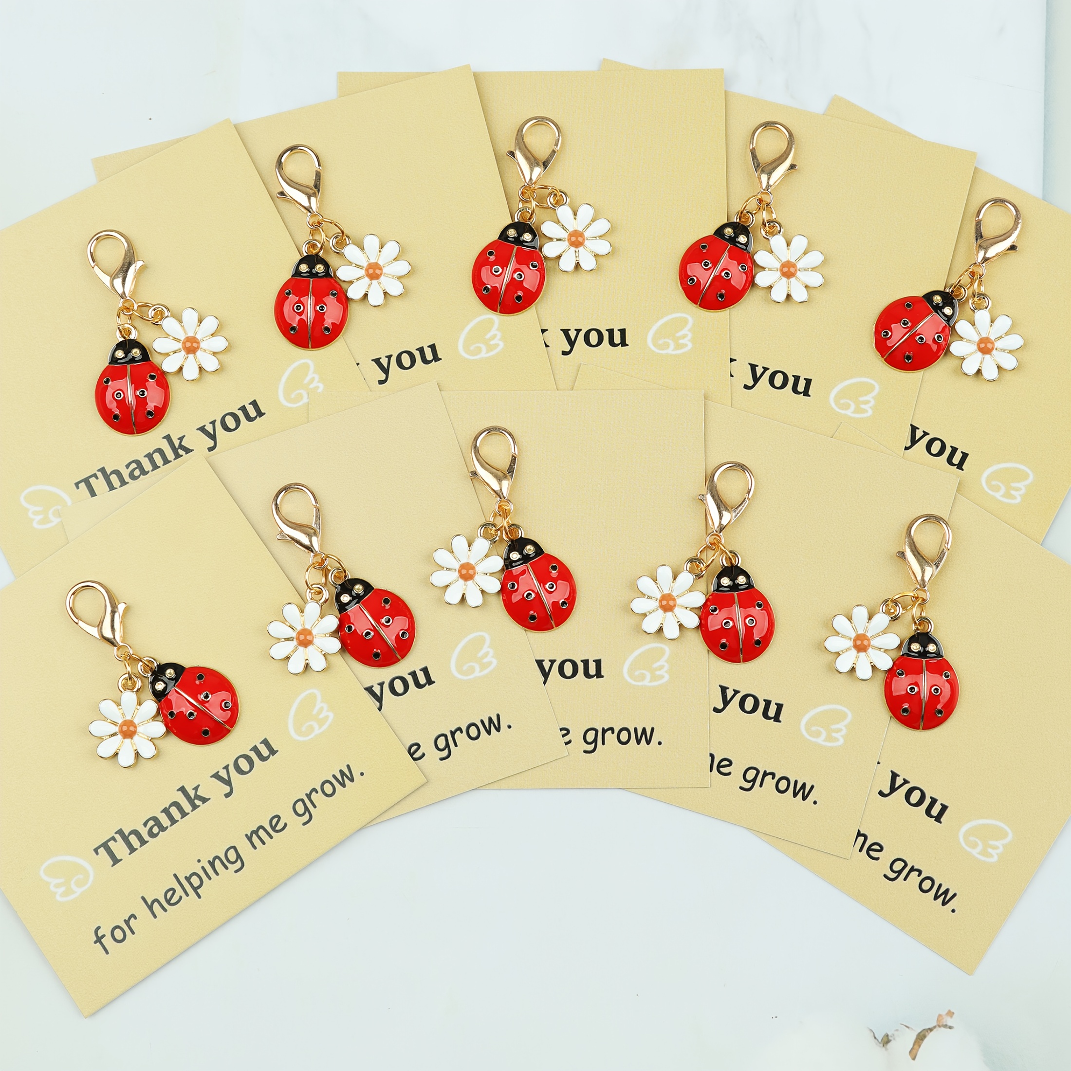 E-shop 10-teiliges Geschenkset mit Schlüsselanhänger Marienkäfer & Gänseblümchen inklusive Dankeskarten – Süße Marienkäfer-Anhänger,