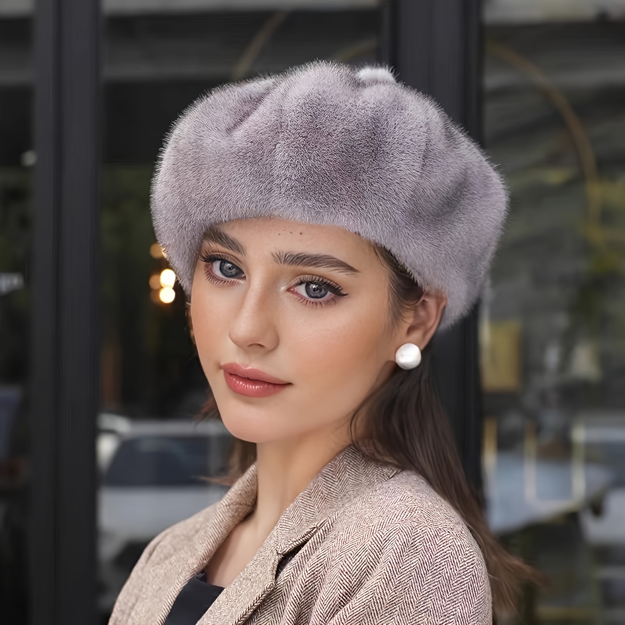 

Elegant Women's Beret - Autumn & Winter Fitted Plush Octagonal Cap, Solid Color Vintage Fashion Painter Hat, Non-stretch Woven Fabric, , Button Detail, Lightweight For Christmas - 1pc