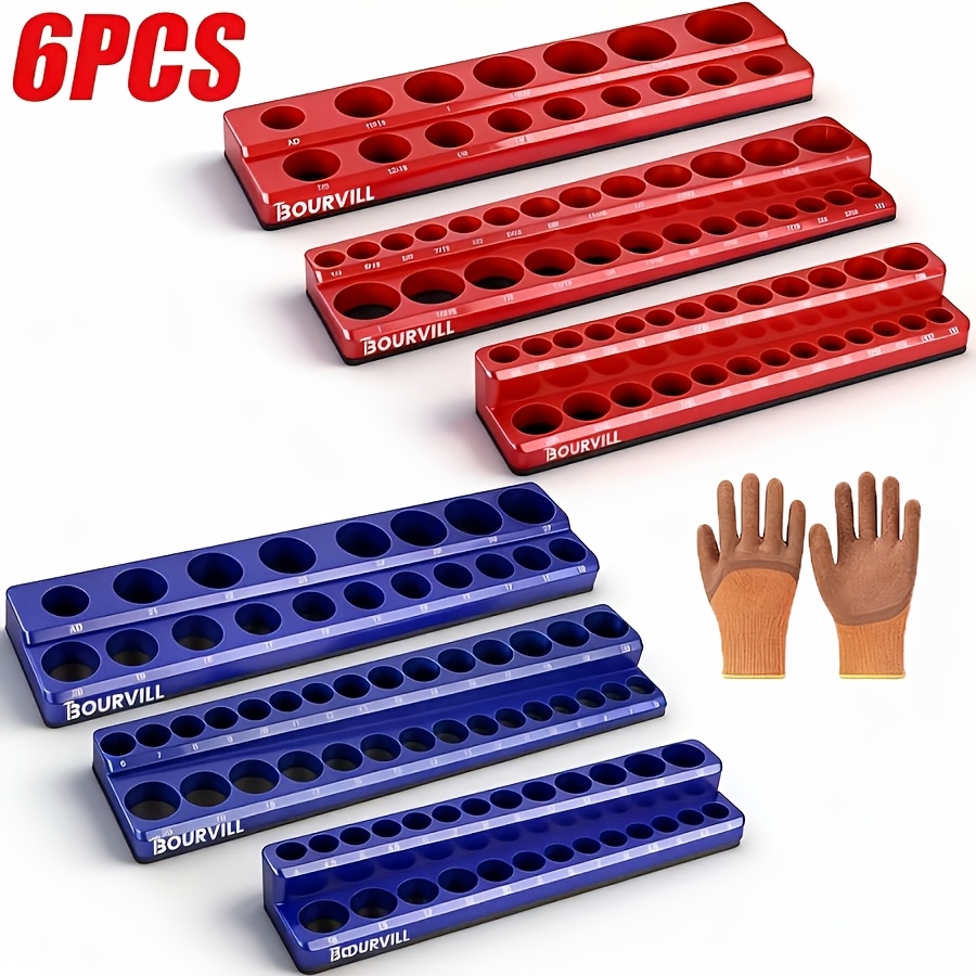 TEMU Bourvill Magnetic Socket Organizer Set (6pcs) Includes Toolbox Drawer Socket Holders In 1/4", 3/8", And 1/2" Metric And Sae Sizes, Holding 143