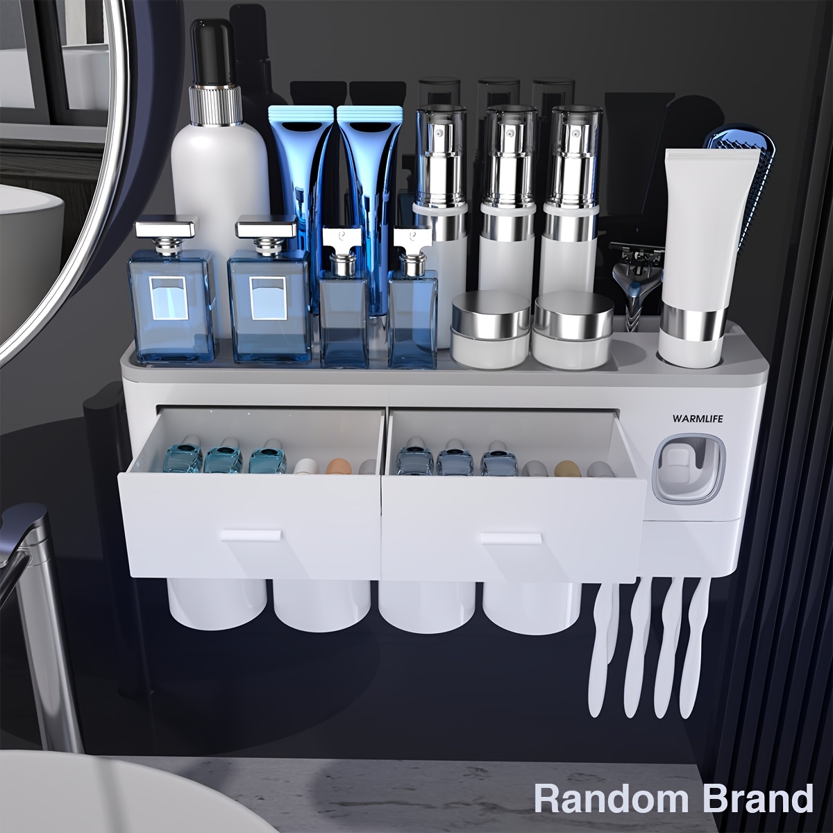 Image of Toothbrush Holders For Bathrooms - Upgrade Wall Mounted Toothbrush Holder With Toothpaste Dispenser -2/3/4 Cups, Large Capacity Tray, Cosmetic Drawer Bathroom Decor& Bathroom Accessories, Random Brand