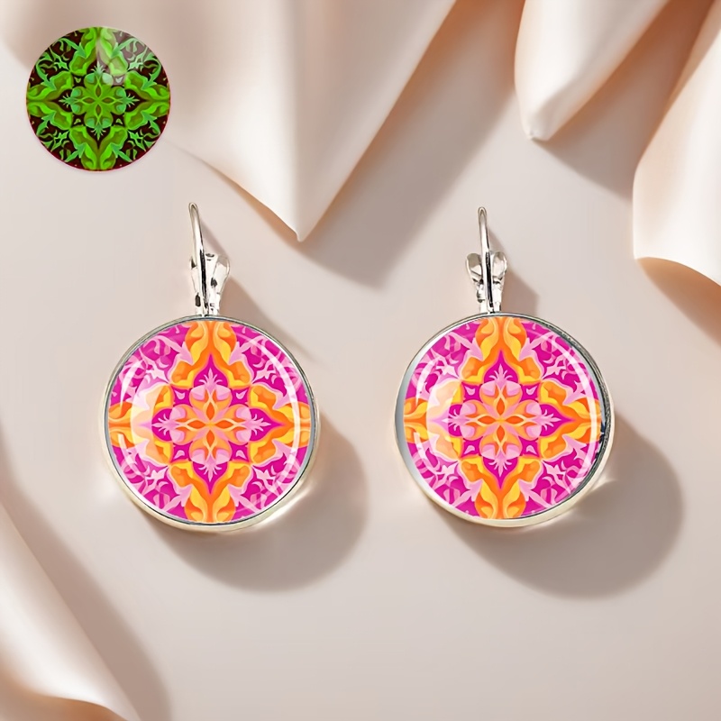 TEMU Mandala Pattern Earrings In Pink And Orange, Featuring A Fluorescent, -the-dark Style, Made Of Alloy With Glass Inlay, Women's , Everyday Wear