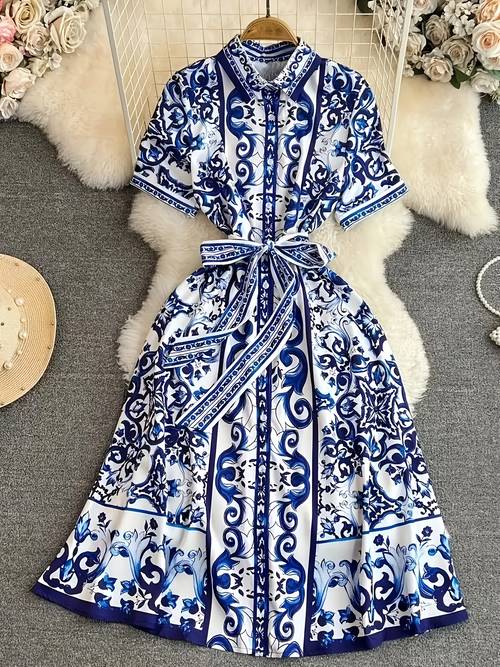 womens vintage inspired floral print a line dress with short sleeves and belted waist elegant blue and white polyester summer dress for casual or formal occasions vintage dress