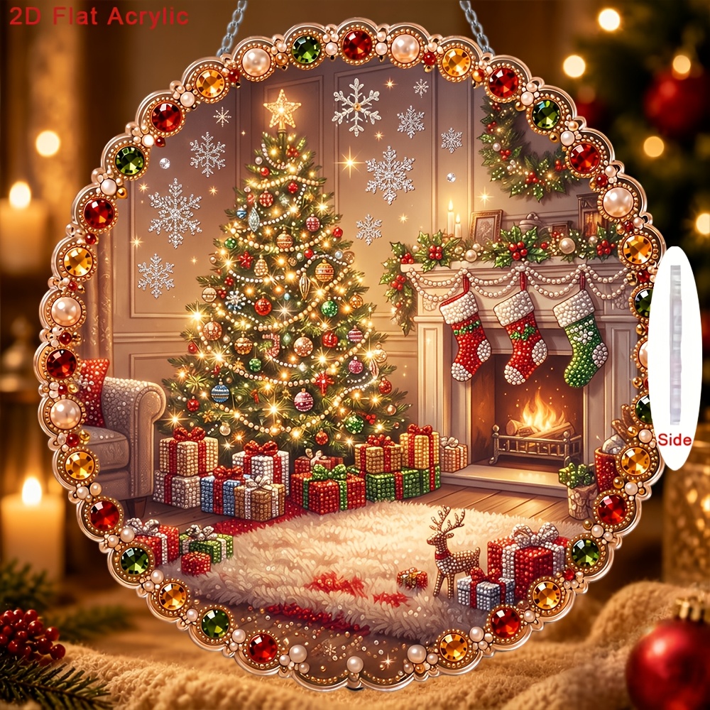 TEMU 2d/flat Printing New Acrylic Pearl Drill Pendant Kit Featuring A Warm Christmas Fireplace And Christmas Tree Pattern, Including Drill Tools And