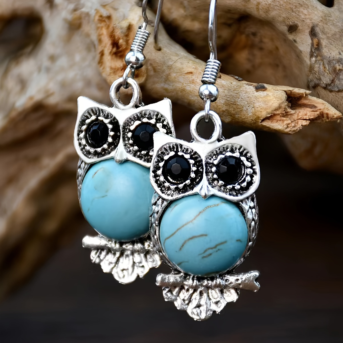 

Boucles d'Oreilles Pendantes Chic d'Inspiration Vintage avec Chouette en Turquoise, Plaqué Argent Antique avec Tiges en Acier Inoxydable pour Tenue Décontractée