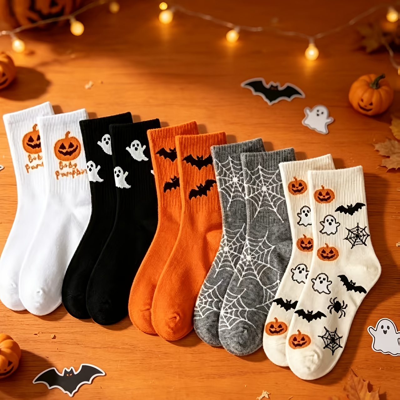 TEMU 5 Pairs Halloween Cartoon Short Socks, Pumpkin Bat Spider Web Printed Casual Socks, Unisex, Daily Party Wear
