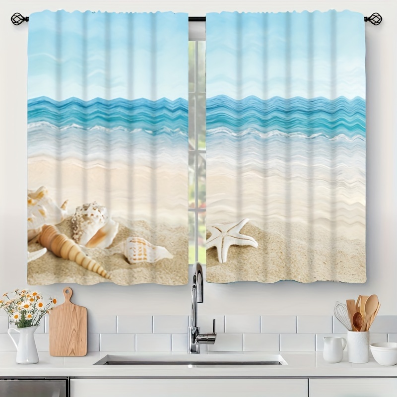 

Ocean-inspired Christmas Curtains With Shell & Conch Design - Rod Pocket, Light Filtering For Kitchen, Bathroom, Cafe - 24x59 Inches, Curtains For Living Room, Short Curtains, Country