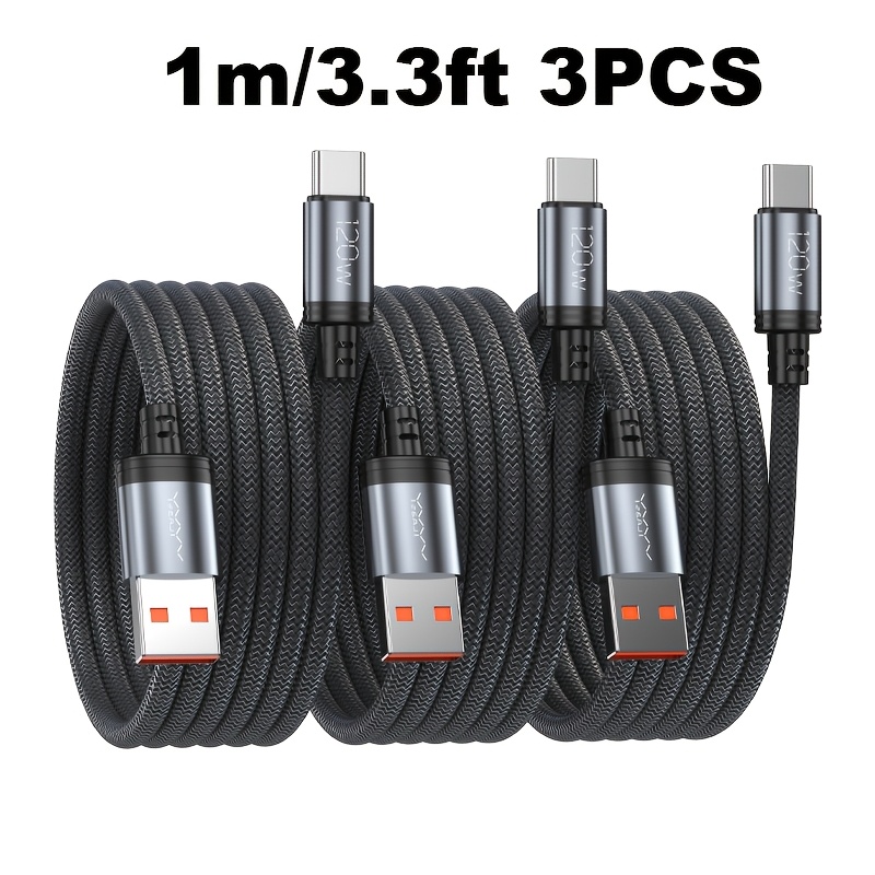 TEMU 120w 3-pack Usb C Fast Charging Cable, [3pcs 2m/6.6ft] [3pcs 1m/3.3ft] Usb To C Fast Charging Cable, For Macbook/ipad/iphone Air/pro Max Data
