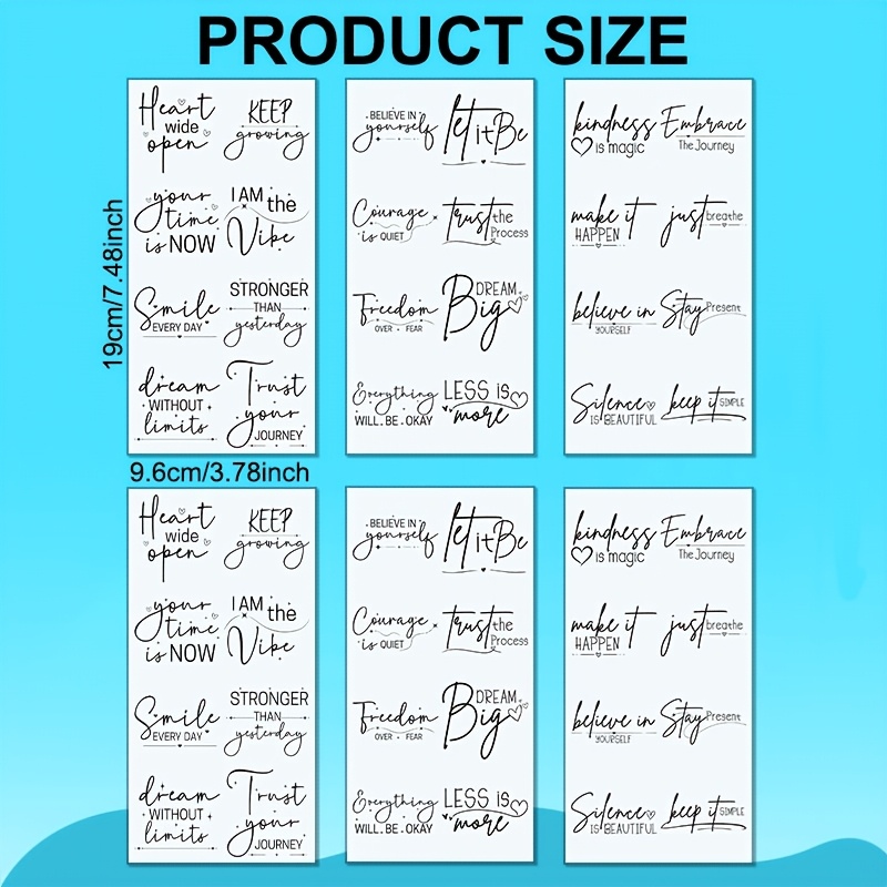 TEMU Zwart-wit handgeschreven stijl helende quote 6 stuks helende kleine gift voor vrienden vinyl UV DTF transfer (verkoop van transferpapier alleen)