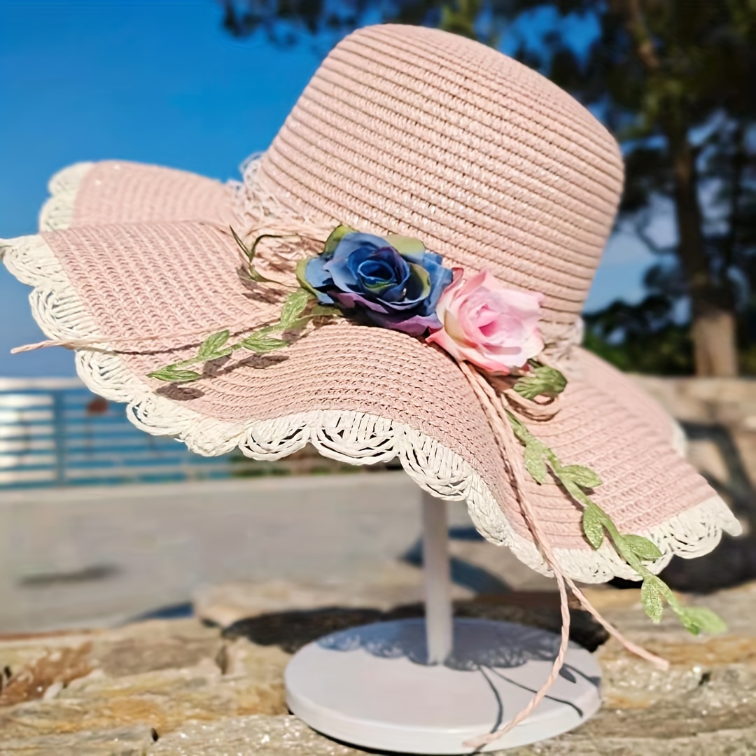 Elegant Rose Garland Sun Hats Wide Brim Lace Trim Easter Straw Hats Solid Color Travel Beach Hats for Women Girls,Temu