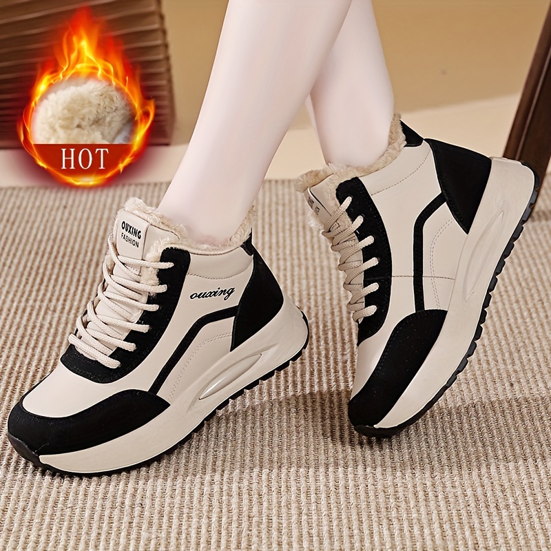 Botas de invierno para mujer, tenis altos con forro polar antideslizantes y cálidos, zapatos casuales gruesos y cómodos, botas cortas con forro de felpa, color sólido, tacón plano, cierre de cordones, suela de TPU, interior y plantilla de tela, estilo deportivo, cómodas para todas las temporadas