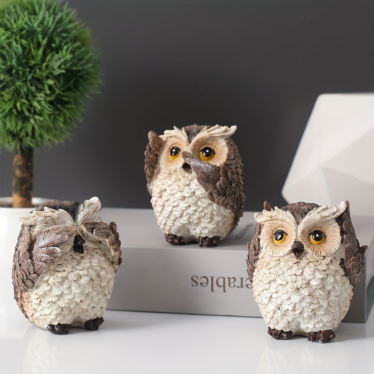 

3pcs Rustic Resin Owl Figurines Set, Cartoon Wise Owls, Home Decor Accents, Charming Tabletop Display, Woodland Animal Decor