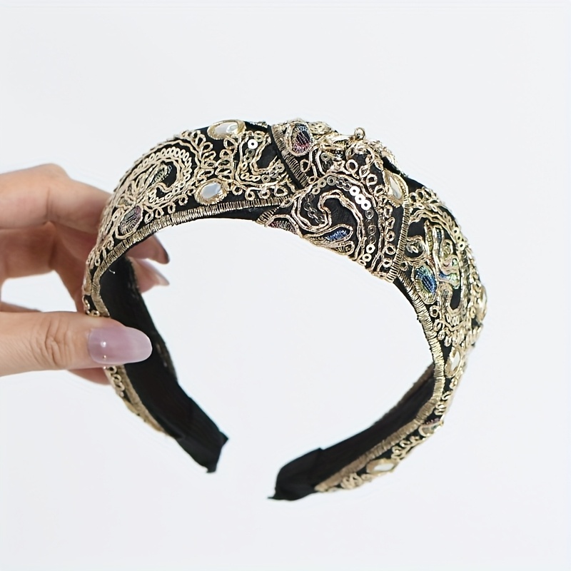 Image of 1pc Bohemian Style Women's Vintage Hair Accessory, Wide-brim Non-slip Embroidered Lace Knotted Headband