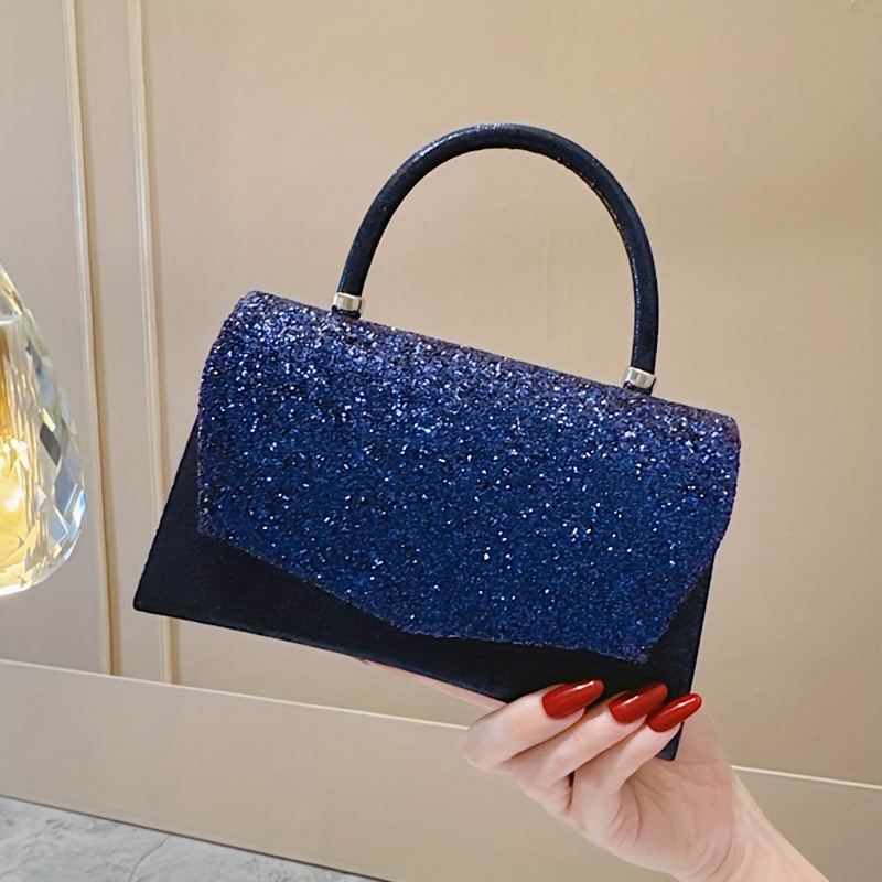 TEMU Blue Glitter Evening Clutch With Removable Strap, Elegant Satin Envelope Handbag For Weddings, Parties & Formal Events, Stylish Envelope Clutch | Glittery Evening Bag | Polyester Line