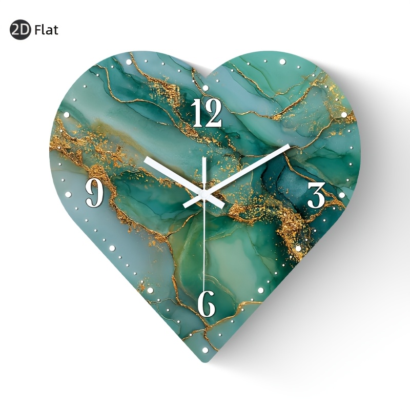 TEMU 1pc Of A Silent Wall Clock That Tick, Featuring A Decorative Heart Shape With A High-definition Glossy Laminated End. It Has An Abstract Green